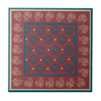 Dark Blue and Beige Floral Pattern on Deep Red Tile