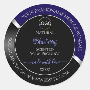 Dark Blue and Black Wavy Silver Logo Product Label