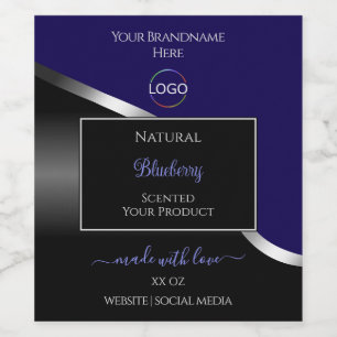 Dark Blue and Black Wavy Silver Logo Product Label