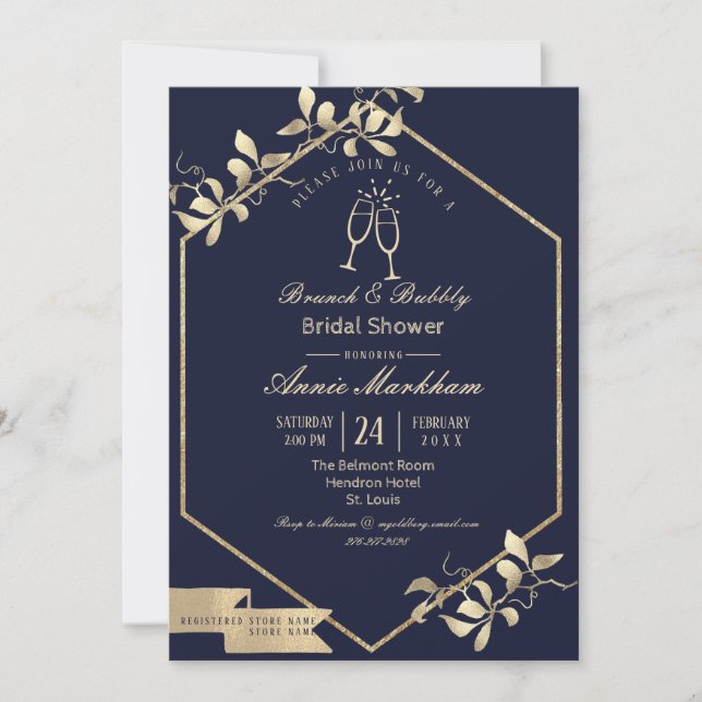 Dark Blue and Champagne Gold Bubbly Brunch Invitation (Front)