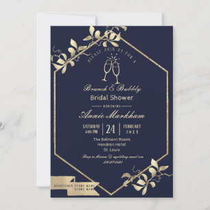 Dark Blue and Champagne Gold Bubbly Brunch Invitation