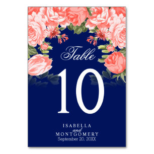 Dark Blue and Coral Flowers   Table Cards