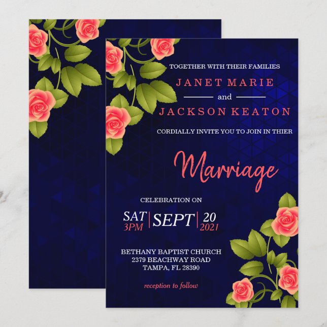Dark Blue and Coral Rose Flower Invitation (Front/Back)