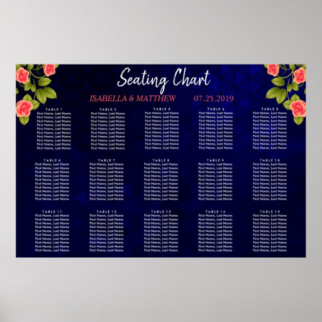 Dark Blue and Coral Rose Flower - Seating Chart (Front)