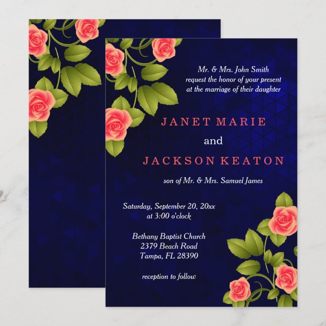 Dark Blue and Coral Rose Flower Wedding Collection Invitation (Front/Back)