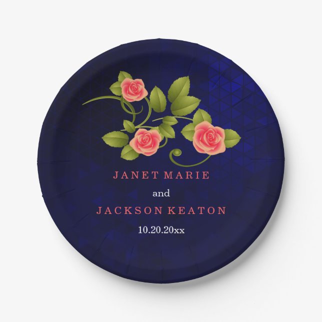Dark Blue and Coral Rose Flower Wedding Collection Paper Plate (Front)