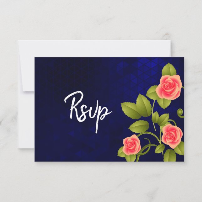 Dark Blue and Coral Rose Flower Wedding Collection RSVP Card (Front)