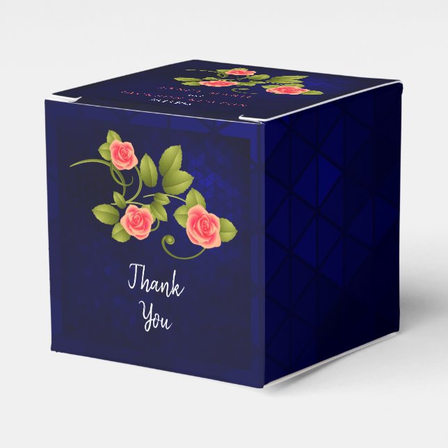 Dark Blue and Coral Rose Flower Wedding Favour Box (Front Side)