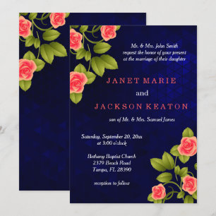 Dark Blue and Coral Rose Flower Wedding Invitation
