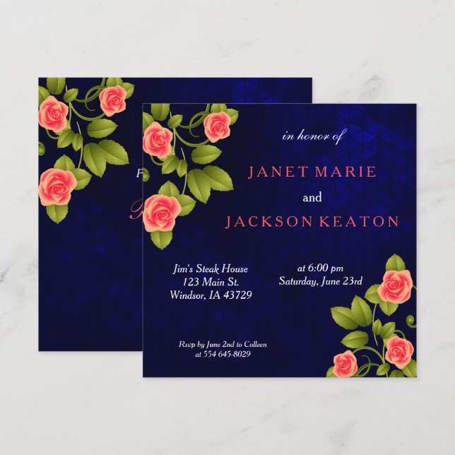 Dark Blue and Coral Rose Flower Wedding Invitation (Front/Back)