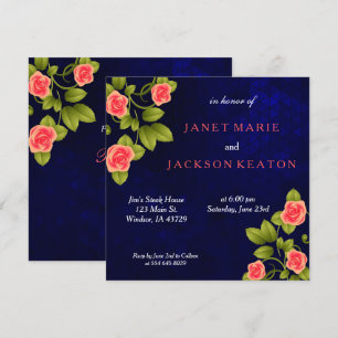 Dark Blue and Coral Rose Flower Wedding Invitation