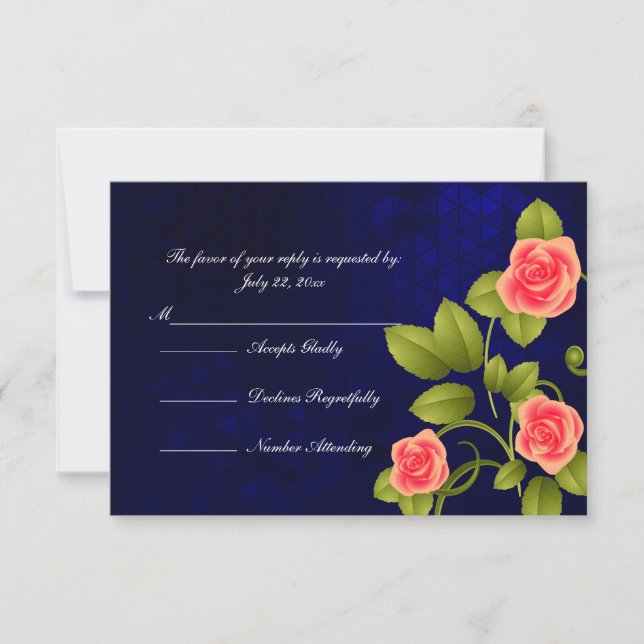 Dark Blue and Coral Rose Flower Wedding RSVP Card (Front)