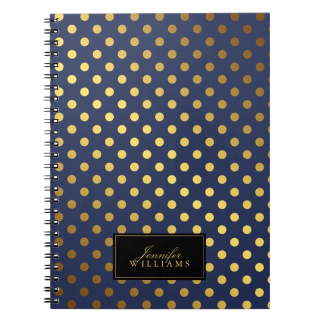 Dark Blue and Faux Gold Foil Polka Dots Notebook (Front)