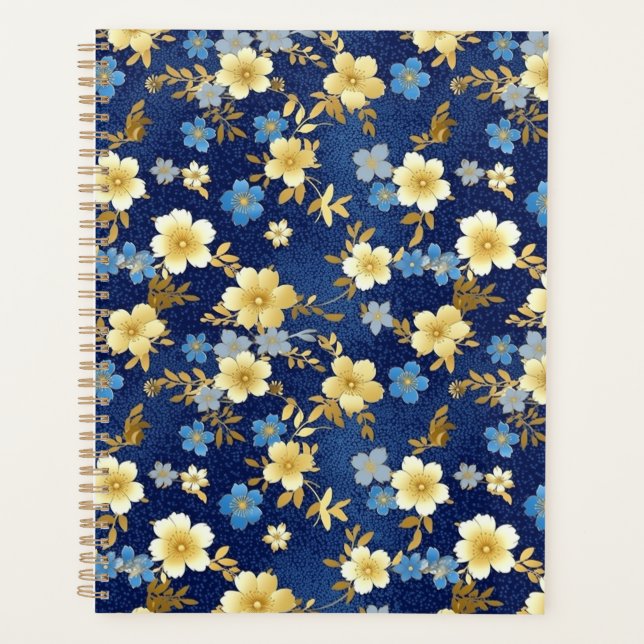 Dark Blue and Gold Floral Chiyogami Planner (Front)