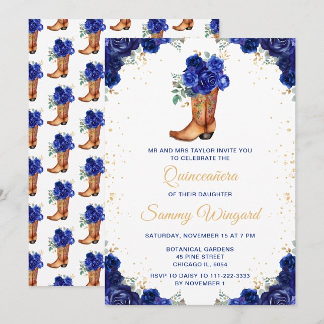 Dark Blue and Gold Floral Cowboy Boot Quinceañera Invitation (Front/Back)