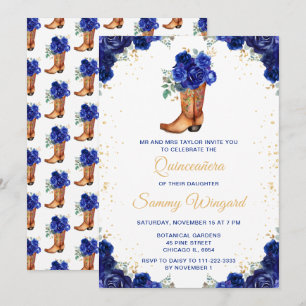 Dark Blue and Gold Floral Cowboy Boot Quinceañera Invitation