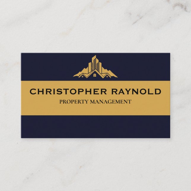 Dark Blue and Gold Modern Minimal Real Estate Business Card (Front)