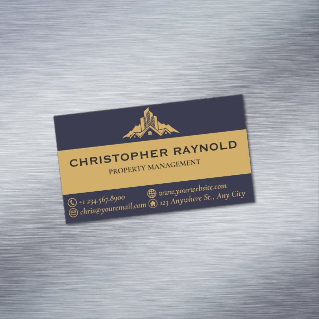 Dark Blue and Gold Modern Minimal Real Estate Magnetic Business Card (In Situ)