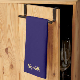 Dark Blue And Gold Trendy Script Name Elegant Tea Towel