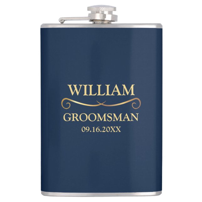 Dark Blue and Gold Vinyl Wrapped Hip Flask (Front)