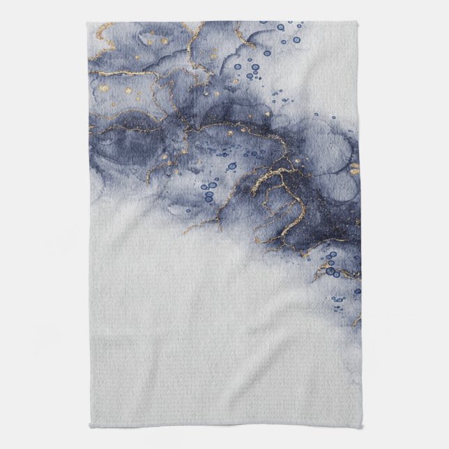 Dark blue and gold watercolor ink marks tea towel (Vertical)