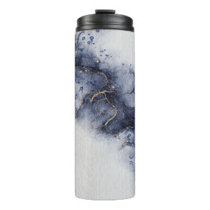 Dark blue and gold watercolor ink marks thermal tumbler
