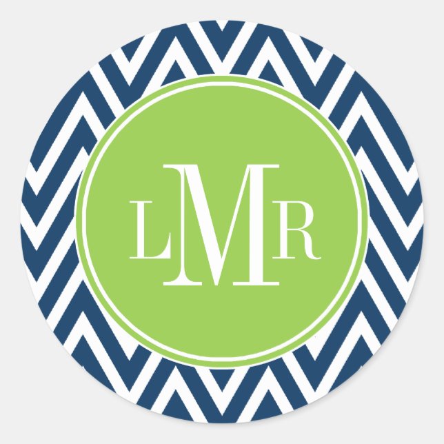 Dark Blue and Green Chevrons Monogram Classic Round Sticker (Front)