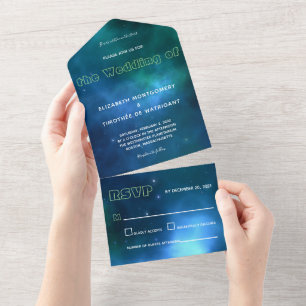 Dark Blue and Green Galaxy Wedding All In One Invitation