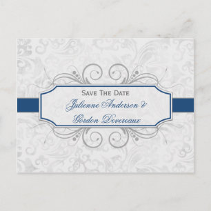 Dark Blue and Grey Damask Save The Date Announcement Postcard
