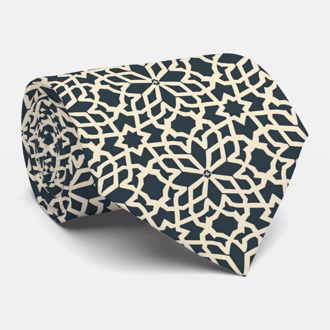 Dark Blue and Ivory Geometric Pattern – Modern Tie (Rolled)