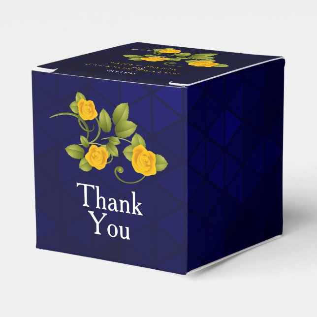 Dark Blue and Marigold Yellow Rose Flower Wedding Favour Box (Front Side)