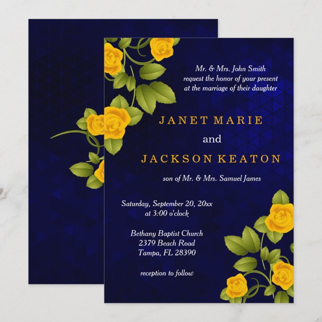 Dark Blue and Marigold Yellow Rose Wedding Invitation (Front/Back)