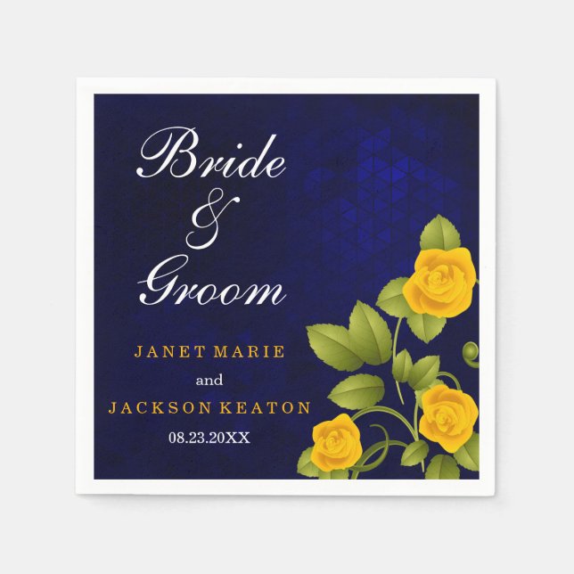 Dark Blue and Marigold Yellow Rose Wedding Napkin (Front)