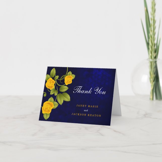 Dark Blue and Marigold Yellow Rose Wedding Thank You Card (Front)