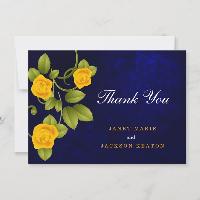 Dark Blue and Marigold Yellow Rose Wedding Thank You Card (Front)