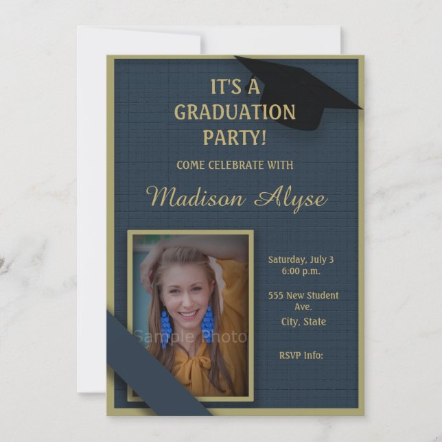 Dark Blue and Moss Green Graduation Party Photo Invitation (Front)