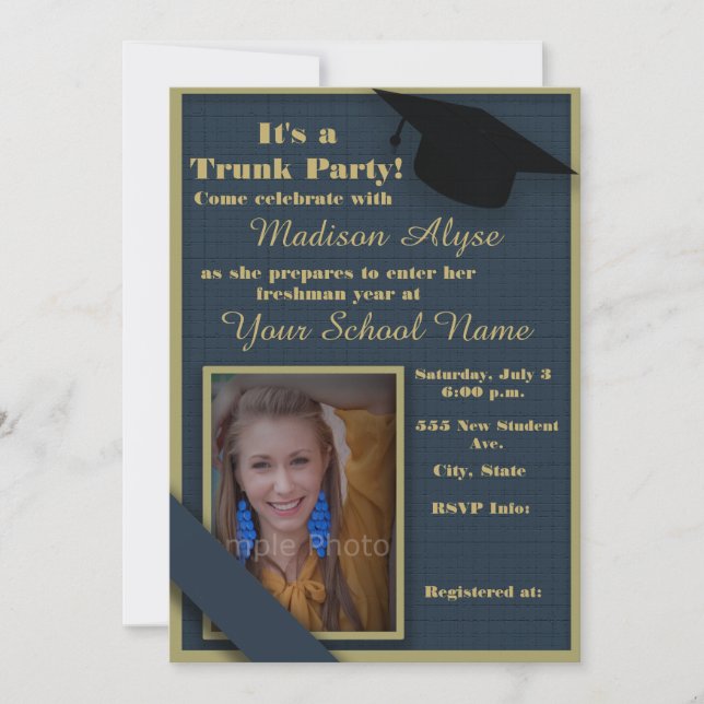 Dark Blue and Moss Green Trunk College Party Photo Invitation (Front)
