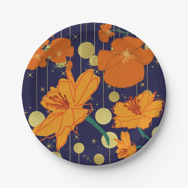 DARK BLUE AND ORANGE FLOWERS PAPER PLATE (Front)