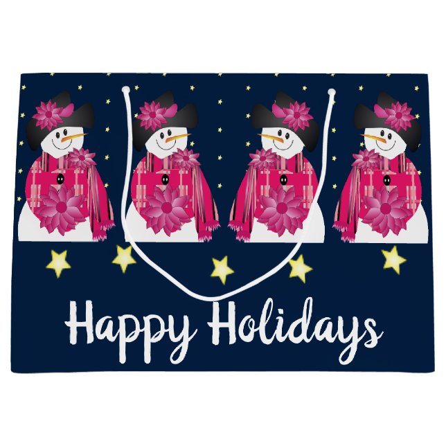 Dark Blue And Pink Snowman Large Gift Bag (Front)