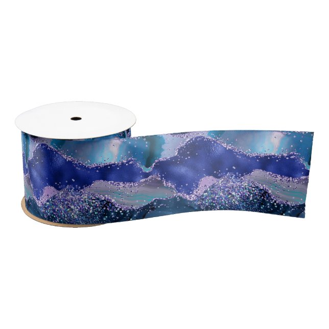 Dark Blue and Purple Glitter Ocean Agate Satin Ribbon (Spool)