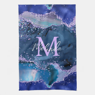 Dark Blue and Purple Glitter Ocean Agate Tea Towel