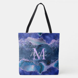 Dark Blue and Purple Glitter Ocean Agate Tote Bag