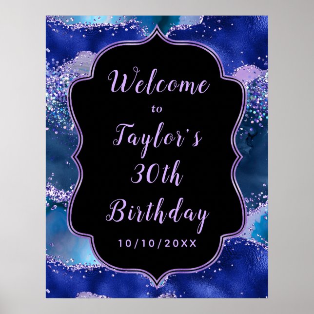 Dark Blue and Purple Ocean Agate Birthday Welcome Poster (Front)