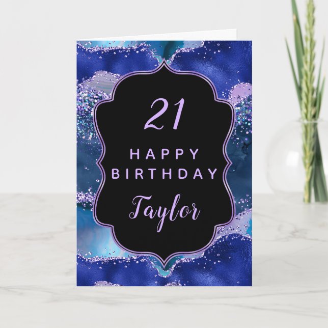 Dark Blue and Purple Ocean Agate Happy Birthday Card (Front)