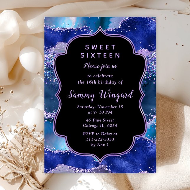 Dark Blue and Purple Ocean Agate Sweet Sixteen Invitation (Creator Uploaded)