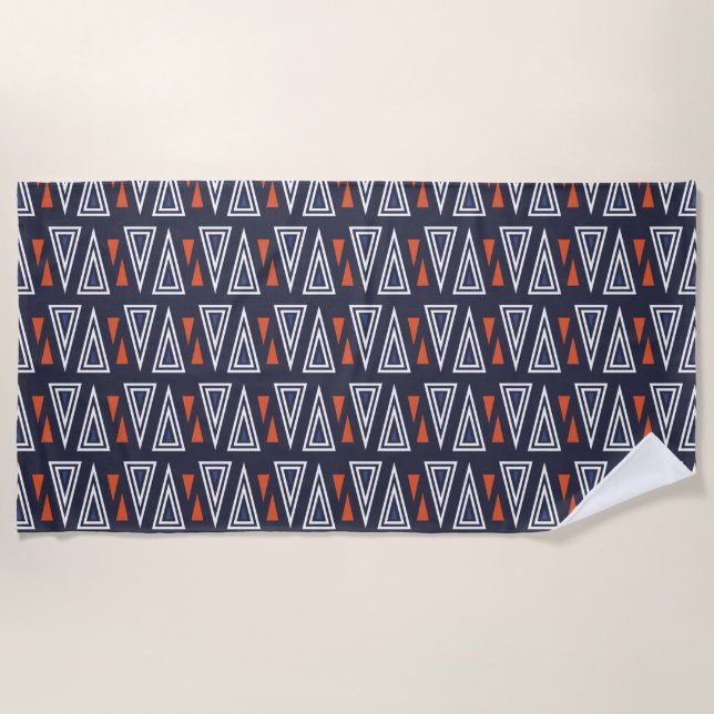 Dark Blue and Red Geometric Triangles Pattern Beach Towel (Front)