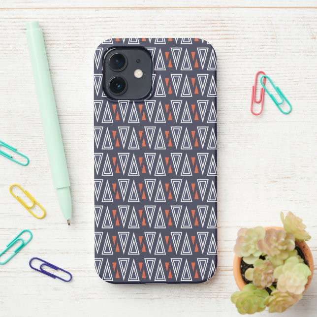 Dark Blue and Red Geometric Triangles Pattern iPhone Case (On Desk)
