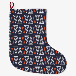 Dark Blue and Red Geometric Triangles Pattern Large Christmas Stocking