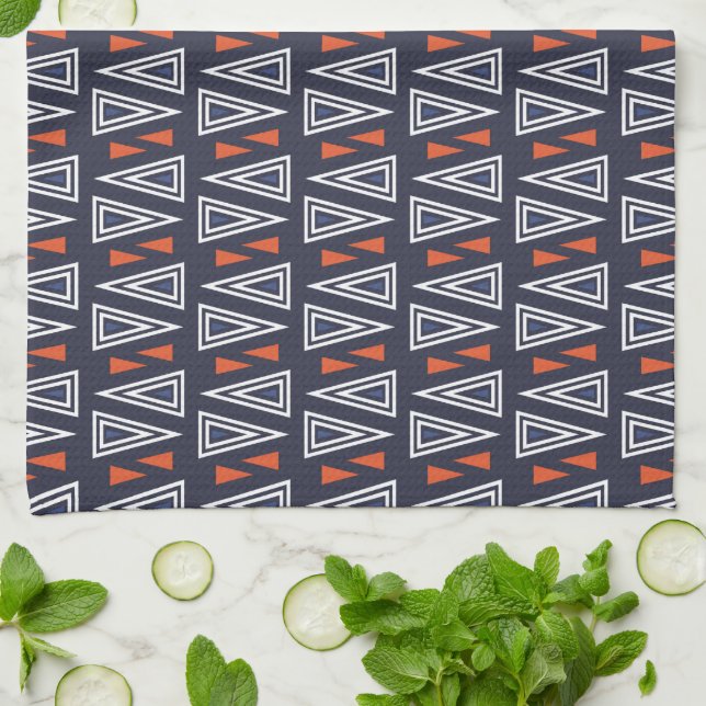 Dark Blue and Red Geometric Triangles Pattern Tea Towel (Folded)