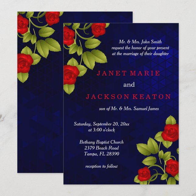 Dark Blue and Red Rose Wedding Invitation (Front/Back)